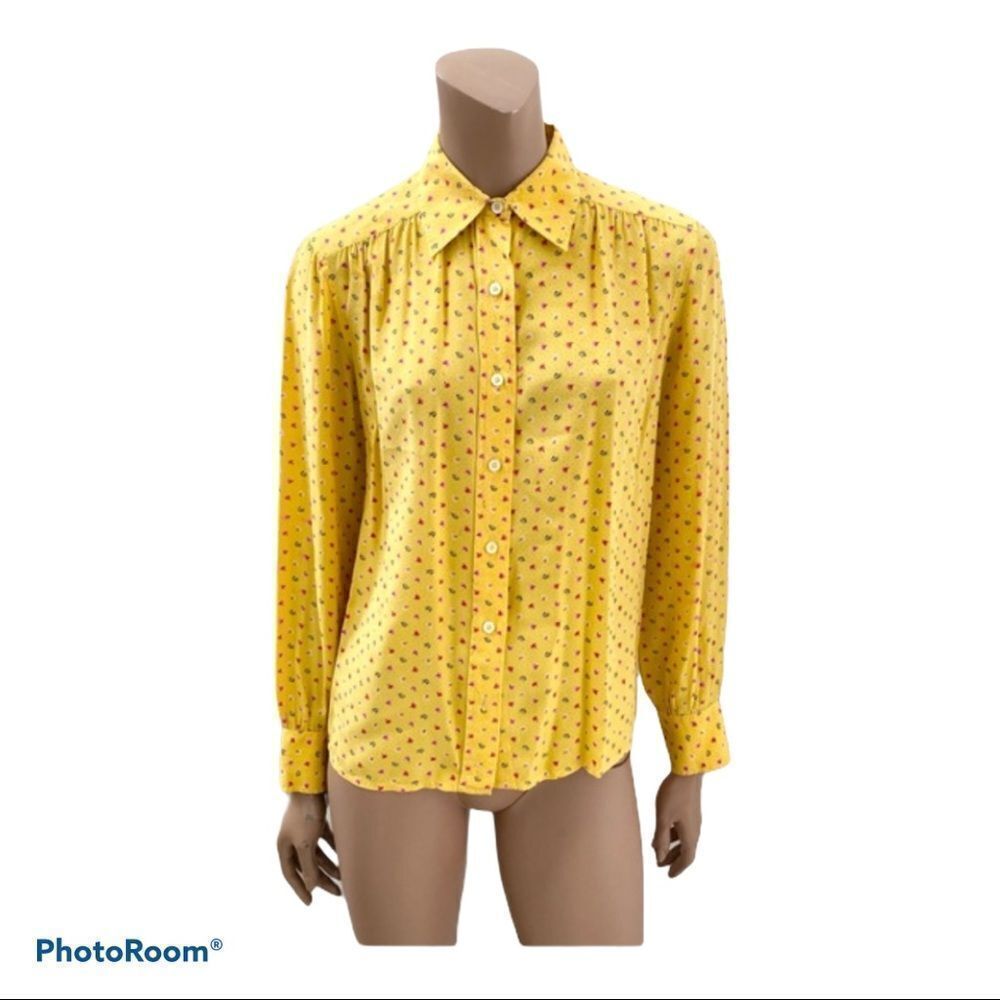 Celine Paris Vintage Yellow Silk Floral Blouse M